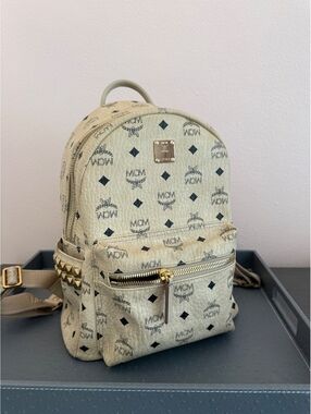MCM Stark Mini Backpack White Visetos Side Stud Leather Bag Authentic w/Cards